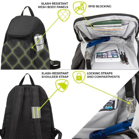 Travelon Backpack Anti-Theft Classic RFID Stainless Steel Mesh Travel Backpack Daypack Anti-Theft LED Lamp