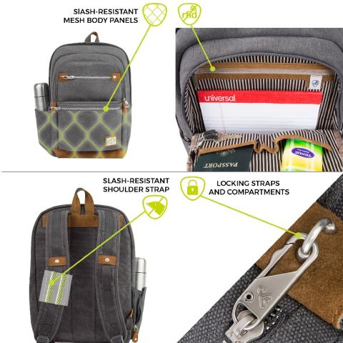 Travelon Backpack Anti-Theft Heritage RFID Stainless Steel Mesh Travel Backpack Daypack Anti-Theft LED Lamp