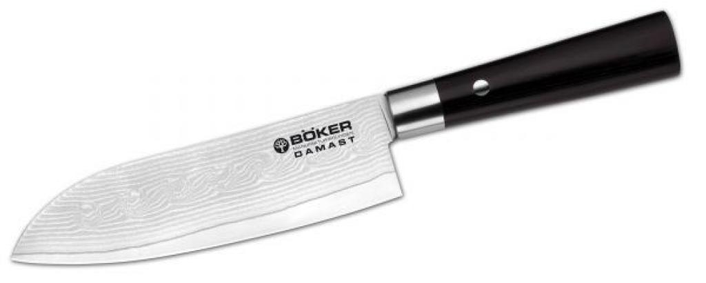Böker Damast Black Set Knife Block and Seven Knives Santoku Paring Knife Chef's Knife Paring Knife Bread Knife